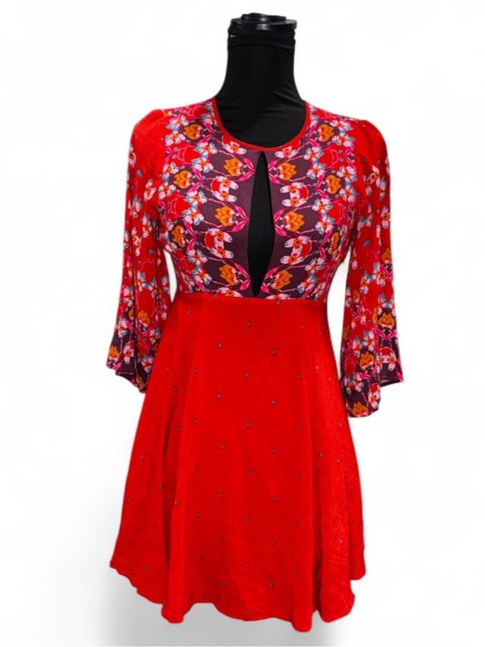 Ecote Red Floral Panel Long-Sleeve Fit-and-Flare Dress
